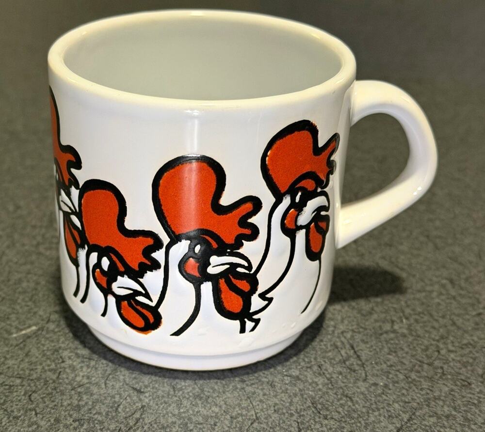 VTG White Red Black Painted Ceramic Rooster Mug w Handle 3 in Made in SPAIN